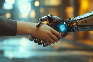 Human and AI Handshake Collaboration,  future technology, robot handshake, human and AI cooperation, AI partnership, futuristic handshake, technology cooperation