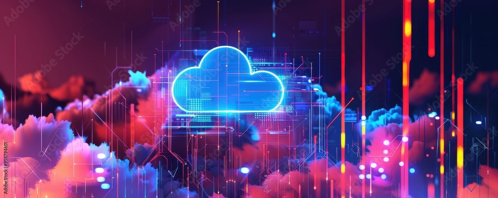 Poster futuristic cloud computing concept with neon glowing cloud and digital elements floating among vivid