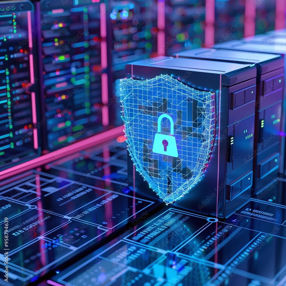 Poster digital security shield protecting server racks in a data center. cybersecurity technology concept w