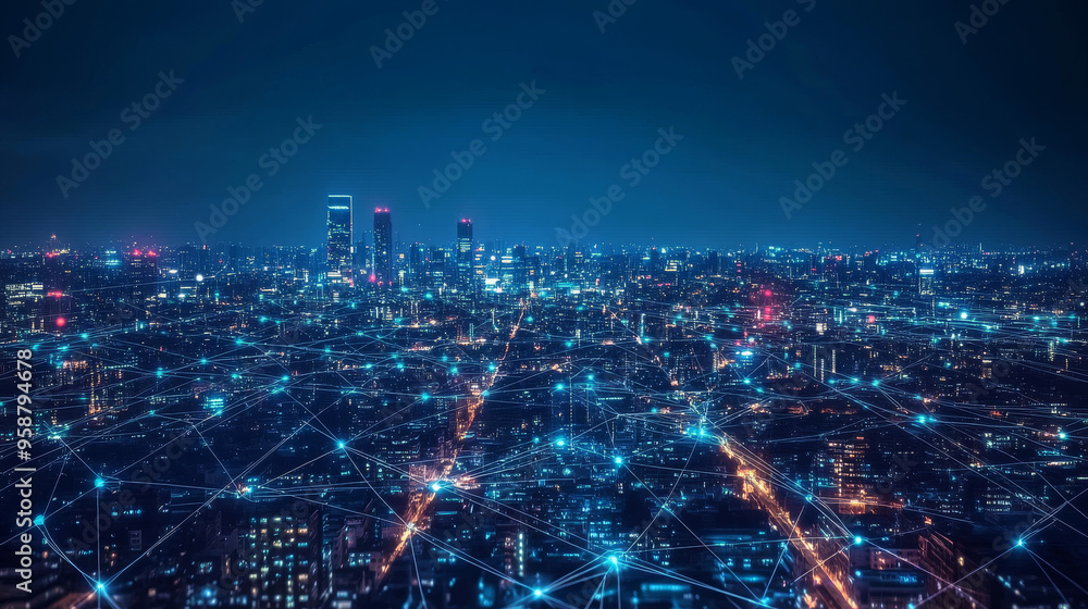 Wall mural a futuristic city at night, shown as a web of glowing dots and lines. this represents the ideas of t