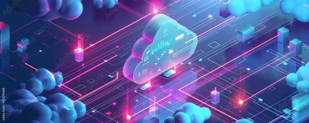 Aufkleber futuristic cloud computing concept with neon lights, data storage, and digital connections in an abs