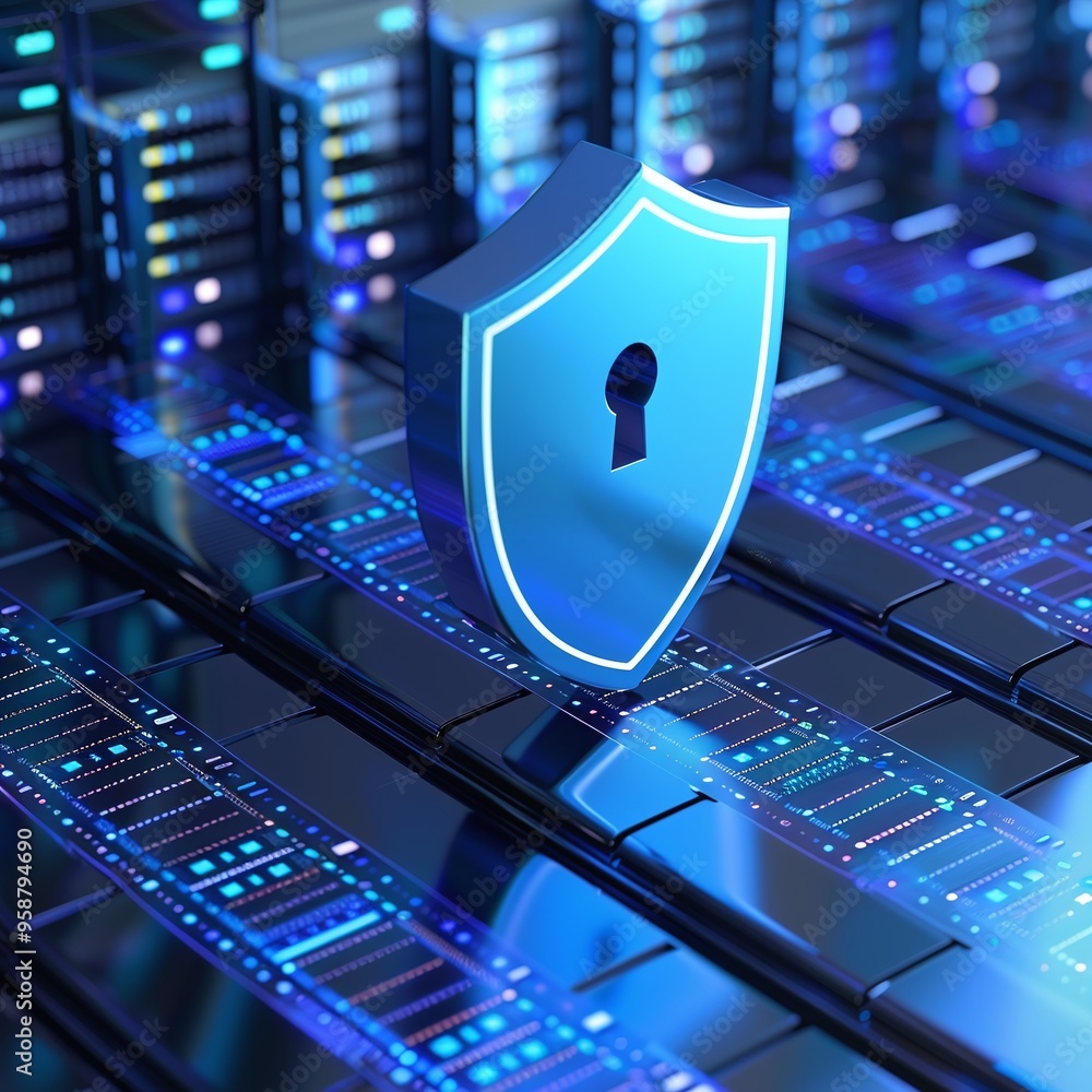Poster digital security shield on a server rack, representing cyber protection and data encryption in a mod