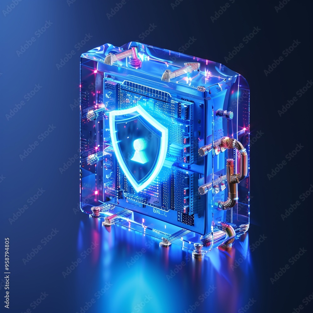 Poster digital shield icon on circuit board illustrating cybersecurity and data protection in modern techno