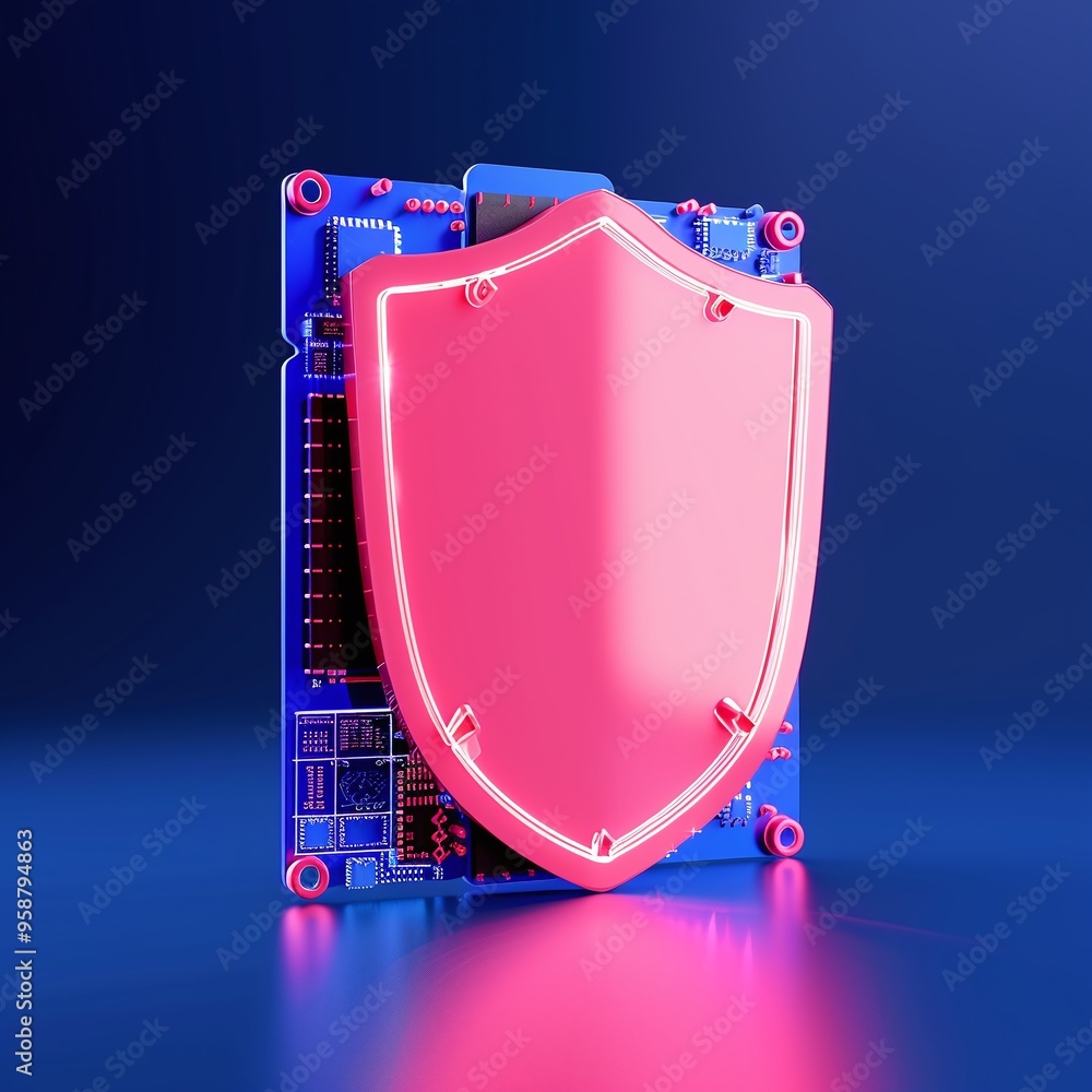 Poster digital shield icon over circuit board representing cybersecurity and data protection in modern tech