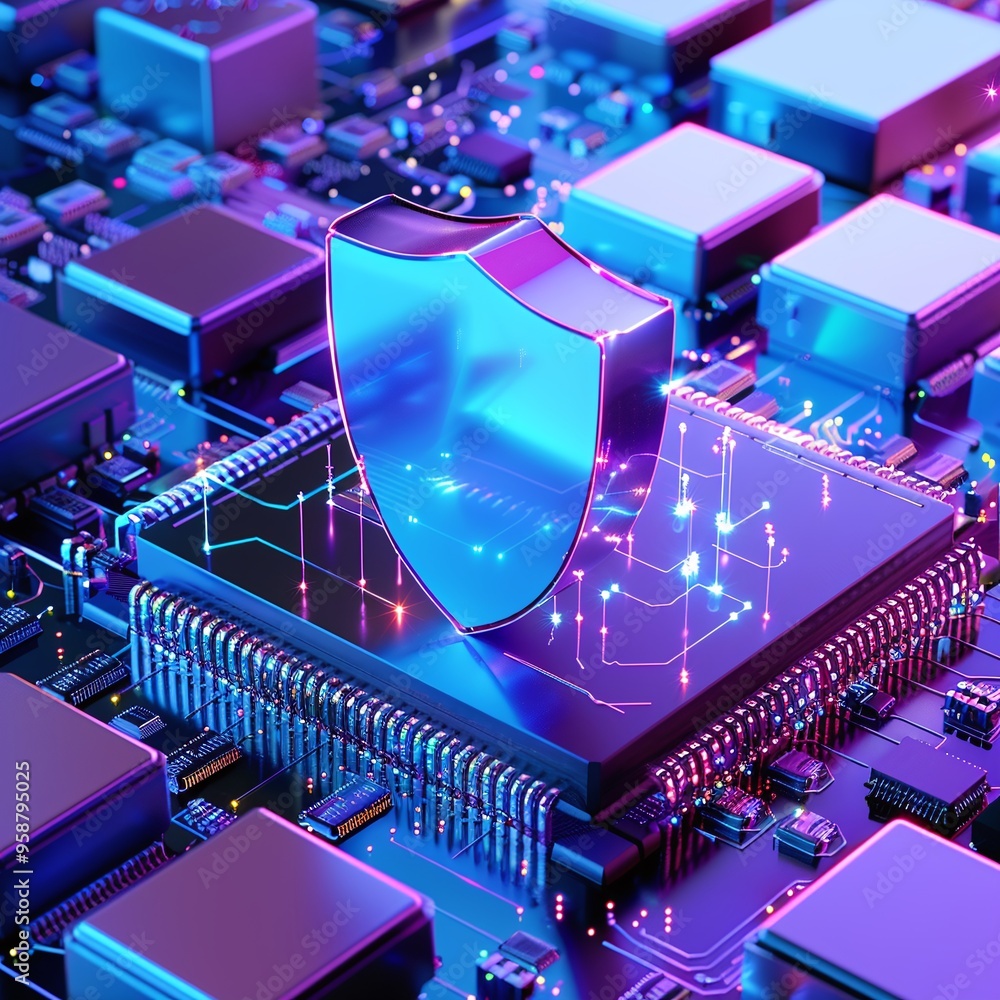 Aufkleber digital shield on a microchip representing cybersecurity and protection in a computer system. futuri