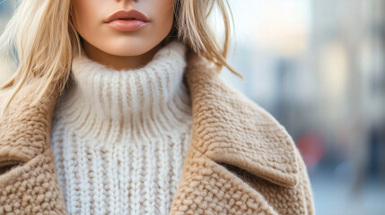 Close-up of a stylish woman in a camel-colored coat and thick knit sweater, blurred background of city streets, soft lighting, cozy fall fashion theme, wide banner layout