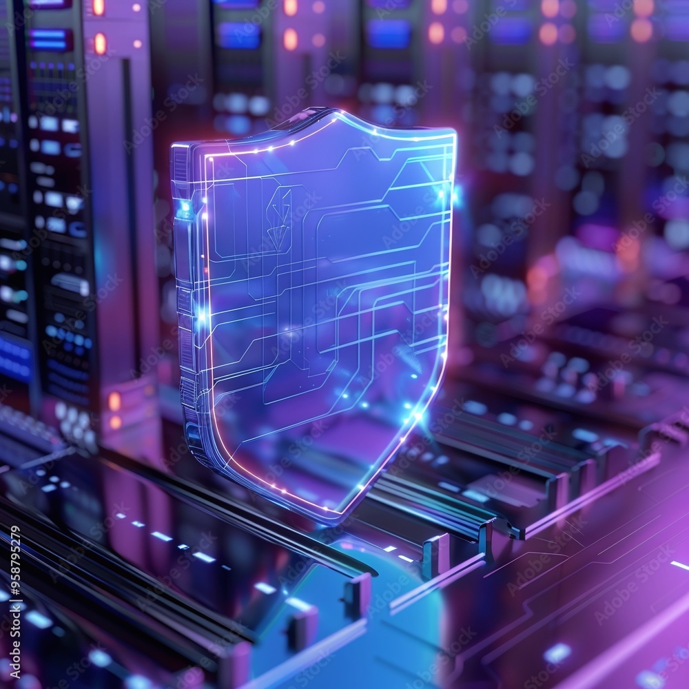 Poster digital shield protecting data servers in a neon-lit environment, representing cybersecurity and dat
