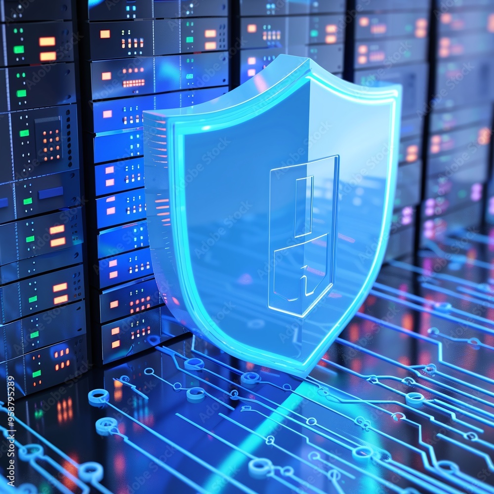 Poster digital shield protecting data servers in a high-tech environment, symbolizing cybersecurity and dat