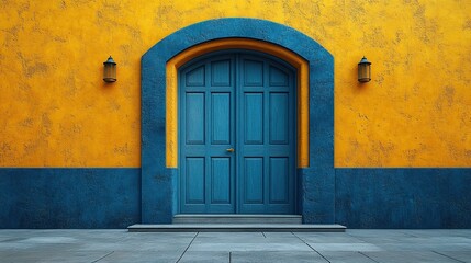 blue yellow backgroun with double doors opening architectural design element modern minimal concept opportunity metaphor