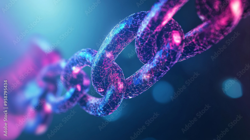 Poster blockchain technology, visualized with a low-poly design, uses encrypted blocks to protect cryptocur