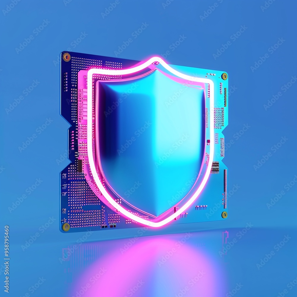 Poster digital shield representing cybersecurity measures and data protection on a circuit board background