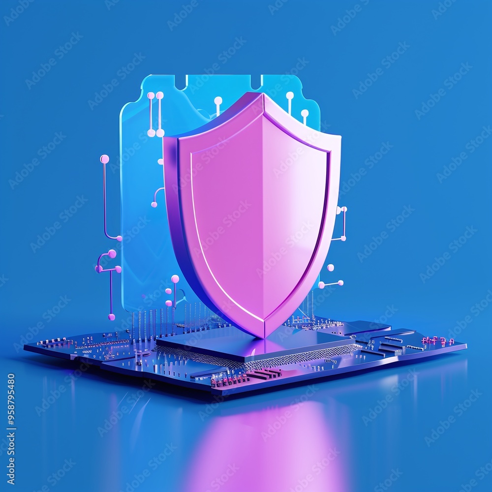 Poster digital shield representing cybersecurity and data protection on a microchip, highlighting modern te