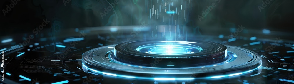 Poster futuristic digital interface with blue glowing hologram and cyber technology elements for sci-fi con