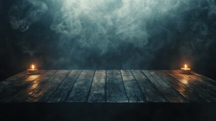 Empty wooden table in a dimly lit room with the faint scent of burning candles in the air as a smoky mist floats up from the ground creating an eerie atmosphere that feels like something is watching