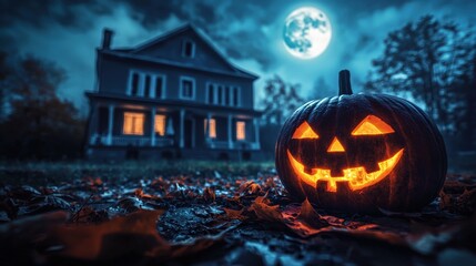 Obraz premium Scary Halloween night with a lone Jack o lantern glowing ominously on a deserted front porch with a haunted house in the background while the wind howls and leaves scatter across the ground as the