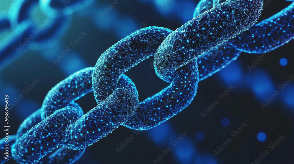 Poster blockchain technology, visualized with a low-poly design, uses encrypted blocks to protect cryptocur