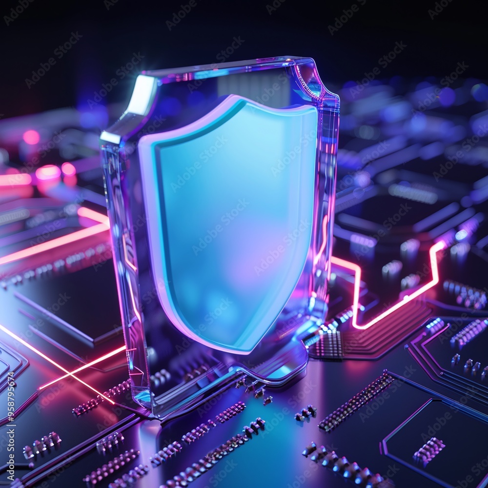 Poster digital shield symbolizing cybersecurity and data protection on a futuristic illuminated microchip c