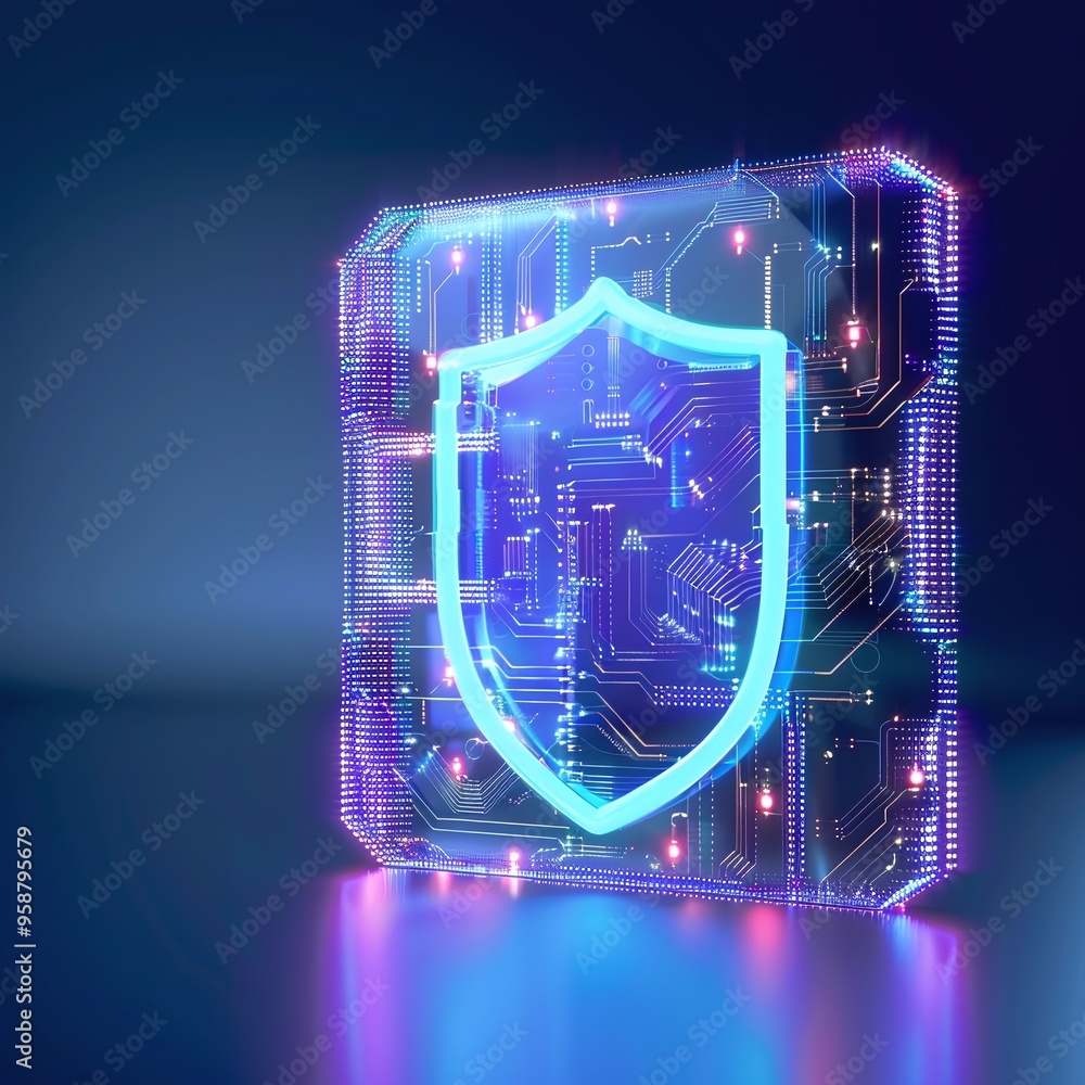 Poster digital shield symbol representing cybersecurity and data protection, glowing with neon lights on a 