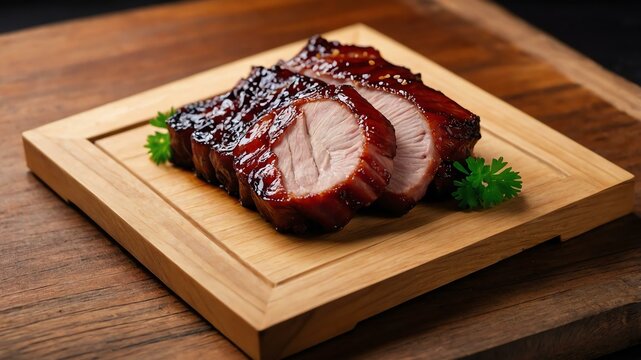 chinese cantonese cuisine dish char siu isolated on an aesthetic plating, concept for advertisement background