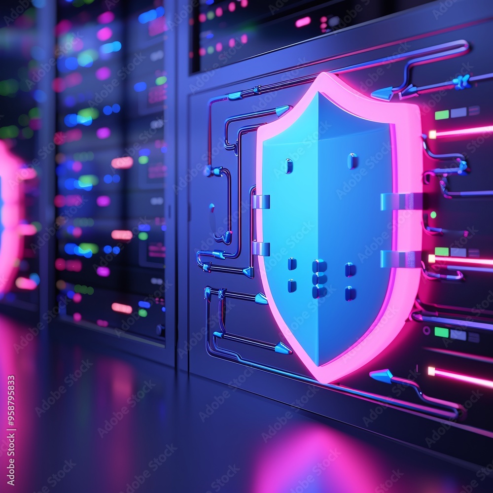 Poster digital shield symbolizing cybersecurity protection in modern data center with colorful neon lights 