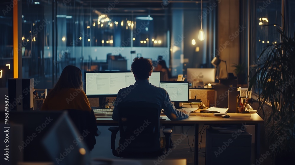Poster workers collaborate late at night in a modern office setting with multiple screens and dim lighting 