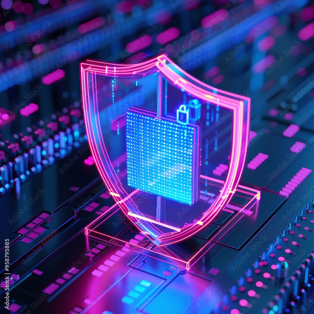 Poster digital shield symbolizing cybersecurity with neon colors on a technology motherboard background, em