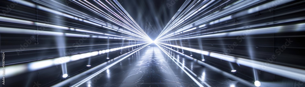 Poster futuristic light tunnel with glowing beams of light creating a symmetrical, sci-fi aesthetic. perfec