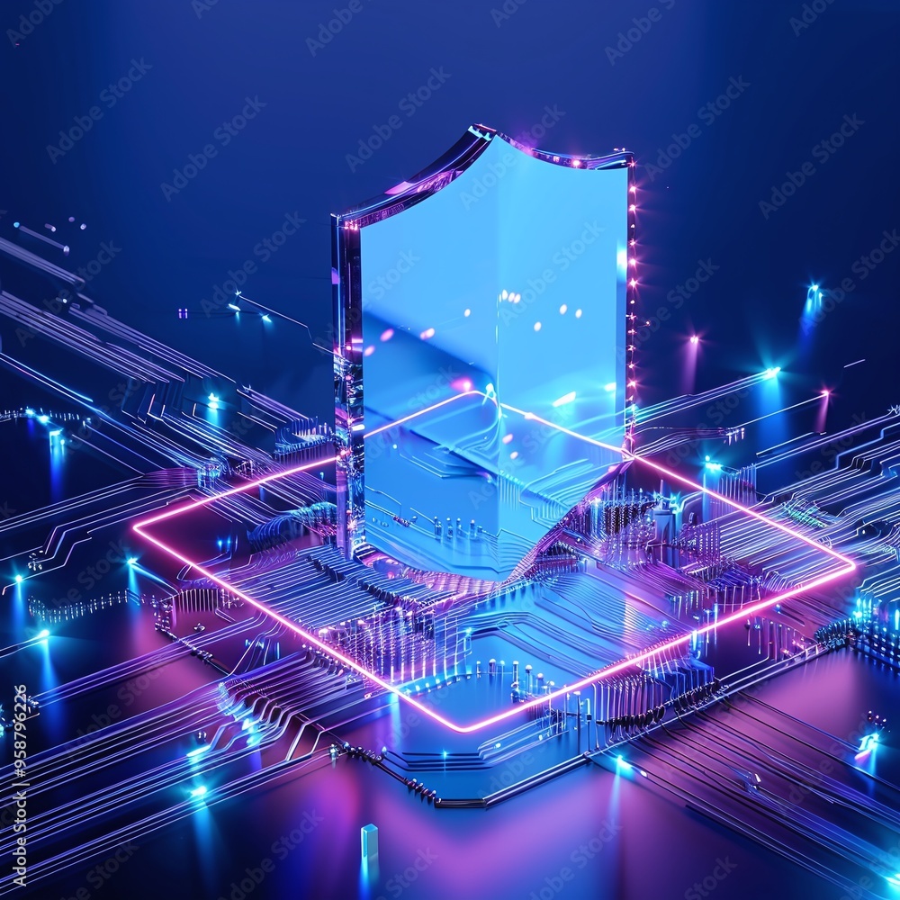Poster futuristic 3d rendering of a digital shield on a circuit board, symbolizing cybersecurity and data p