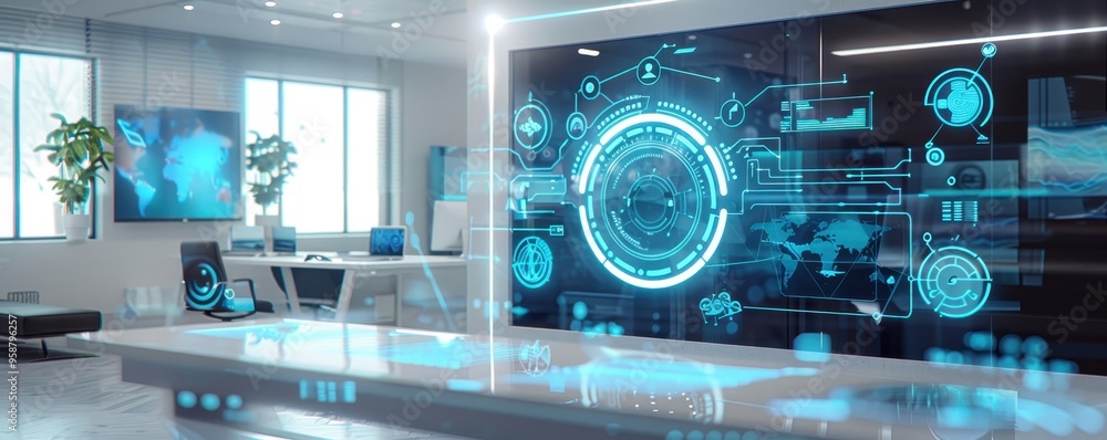 Poster futuristic office with advanced digital interface, high-tech workspace showcasing holographic displa