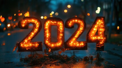 Glowing 2024 numbers in night street Halloween decoration