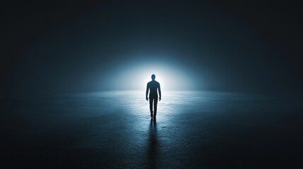 A solitary figure stands in the darkness, illuminated by a bright light, symbolizing hope and introspection in a mysterious environment.