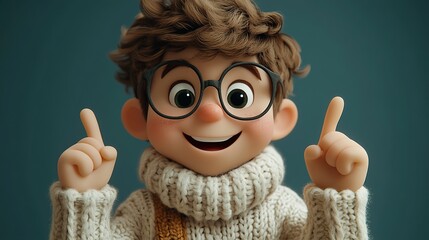 cartoon character flexible hands in re knitte sweater pointing finger funny clip art isolate on blue background