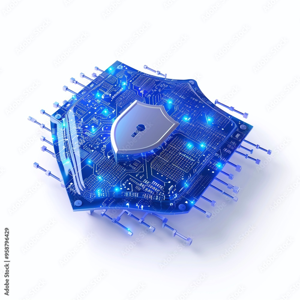 Poster futuristic blue circuit board with security shield icon illustrating cybersecurity and data protecti