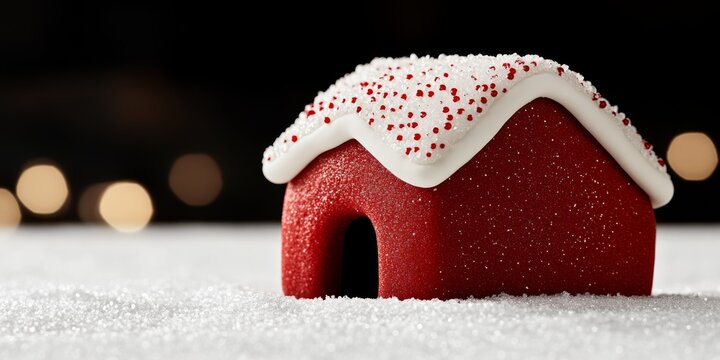 Gingerbread house with detailed icing decorations candy canes and gumdrops sitting on a snowy table magical holiday dessert white and red palette