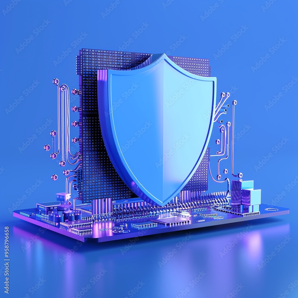 Poster futuristic blue shield on a circuit board symbolizing cybersecurity and data protection in a digital