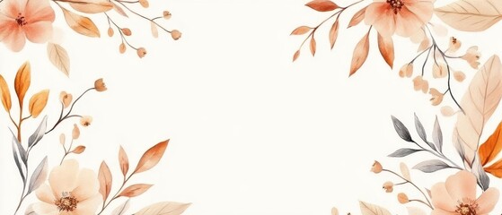 Obraz premium Autumn floral wreath, delicate leaves and flowers, pale background, watercolor style