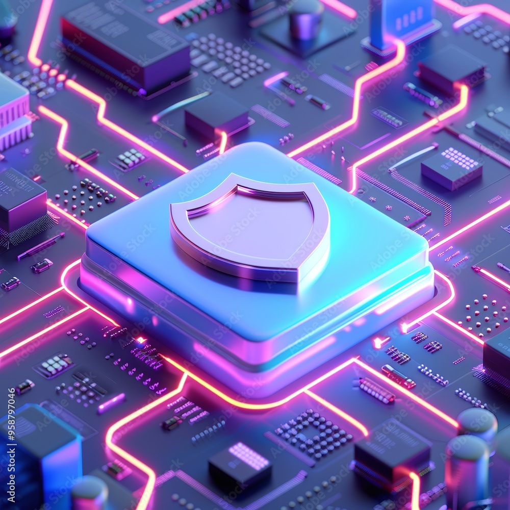 Poster futuristic circuit board with central security shield icon, representing cybersecurity and digital p