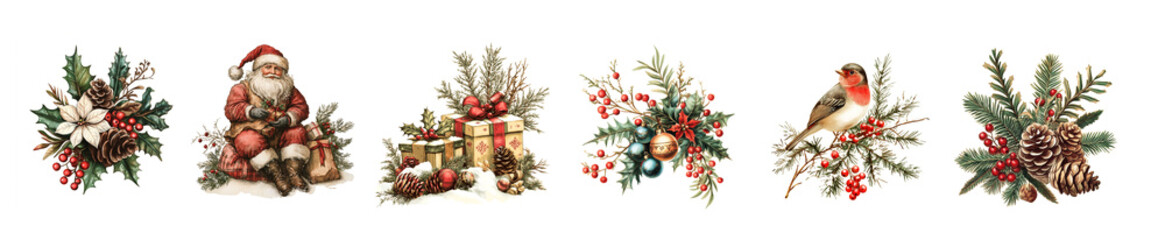 Fototapeta premium Collection set of vintage victorian style Christmas illustrations and design elements isolated on white background