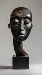 A bronze sculpture of a woman's head with closed eyes, elongated neck, and a smooth, minimalist style.
