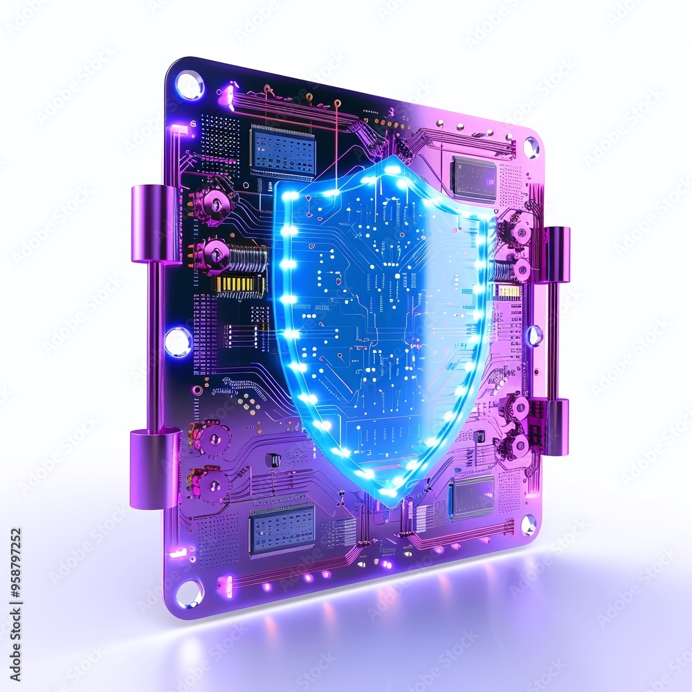 Poster futuristic circuit board with glowing shield, symbolizing cybersecurity and advanced technology in a