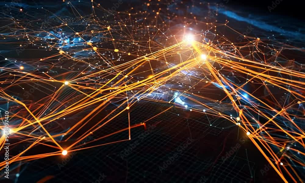 Poster abstract network with glowing lines and dots.