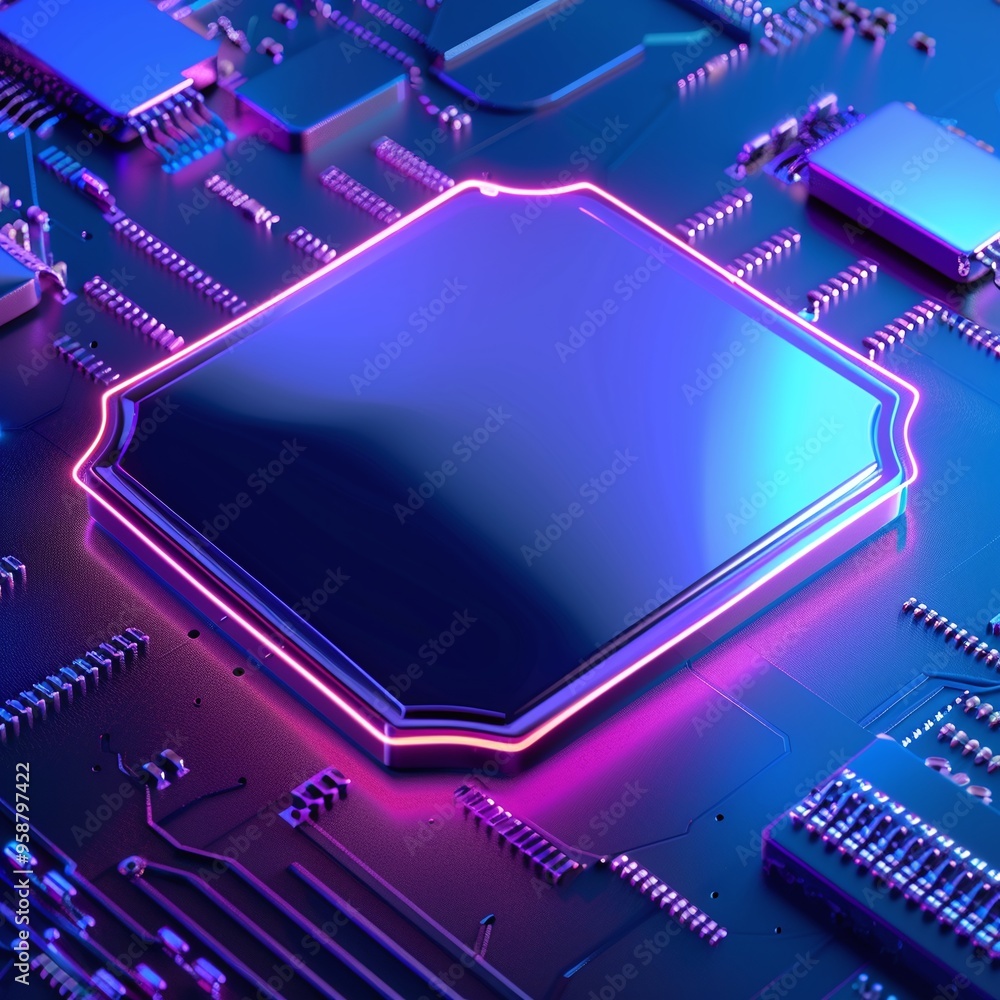Poster futuristic computer microchip with neon lighting on a circuit board, showcasing advanced technology 