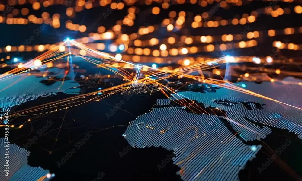 Poster abstract network with glowing lines and bokeh lights.