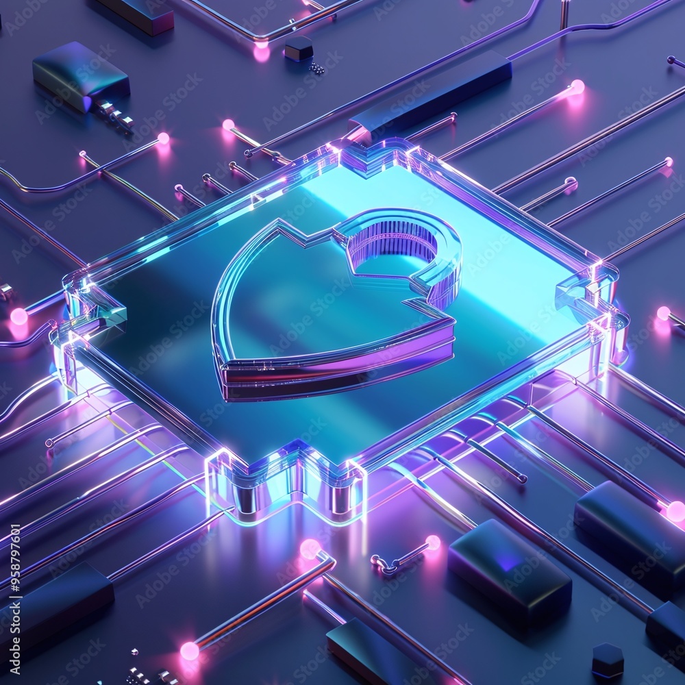 Aufkleber futuristic cpu with neon lights on circuit board, representing advanced technology and modern electr