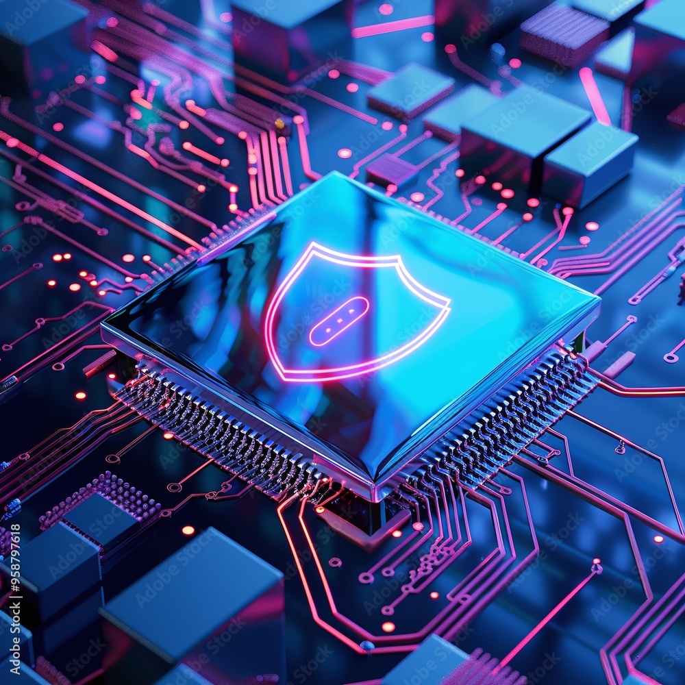 Aufkleber futuristic concept of cybersecurity with a glowing microchip featuring a shield icon on a sleek circ
