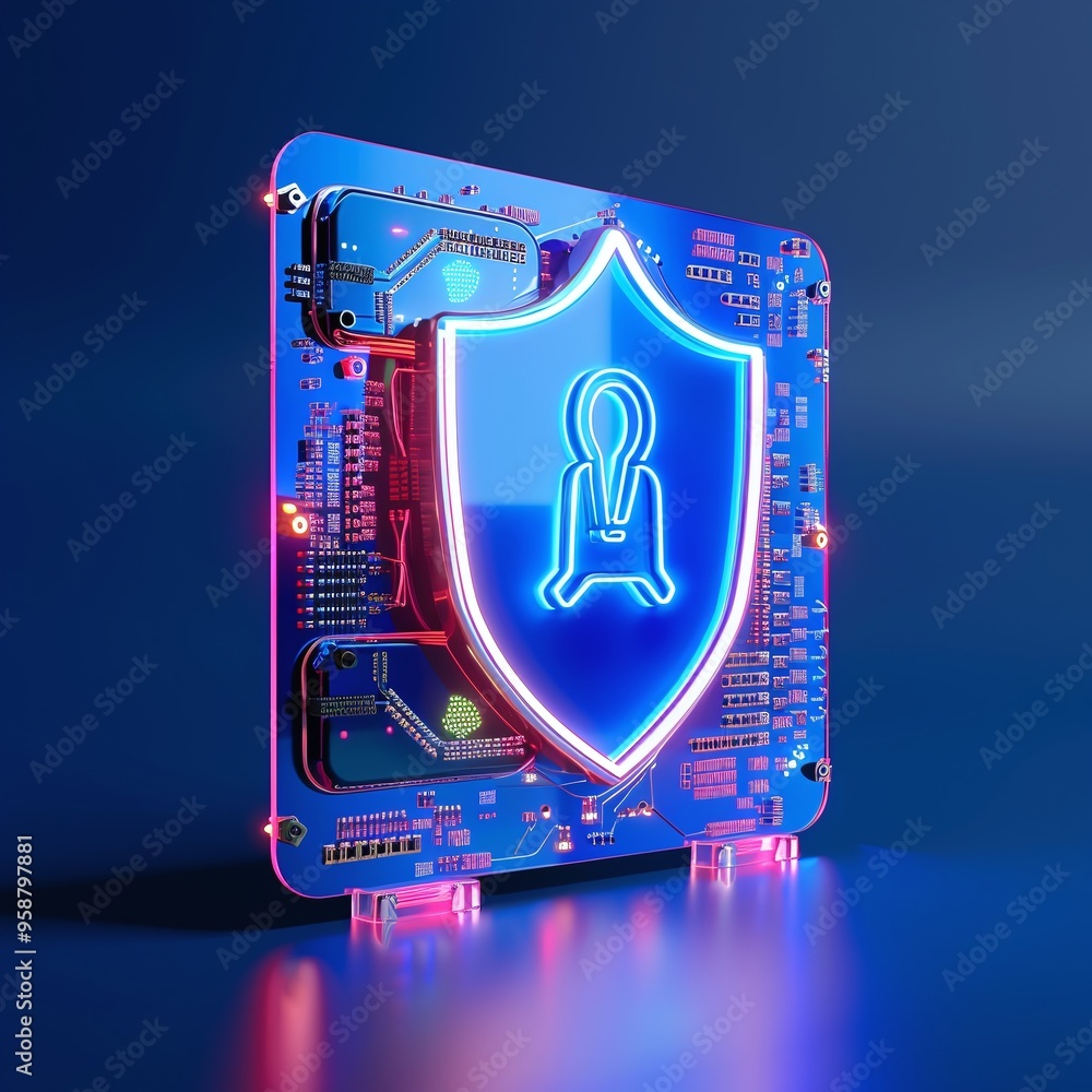 Poster futuristic cyber security concept with neon shield and technology circuit board, representing data p