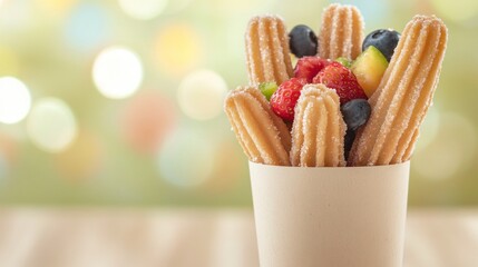 A close-up of a paper cone filled with churros and topped with fresh fruit. The churros are dusted with sugar and the fruit includes strawberries, blueberries, and kiwi.