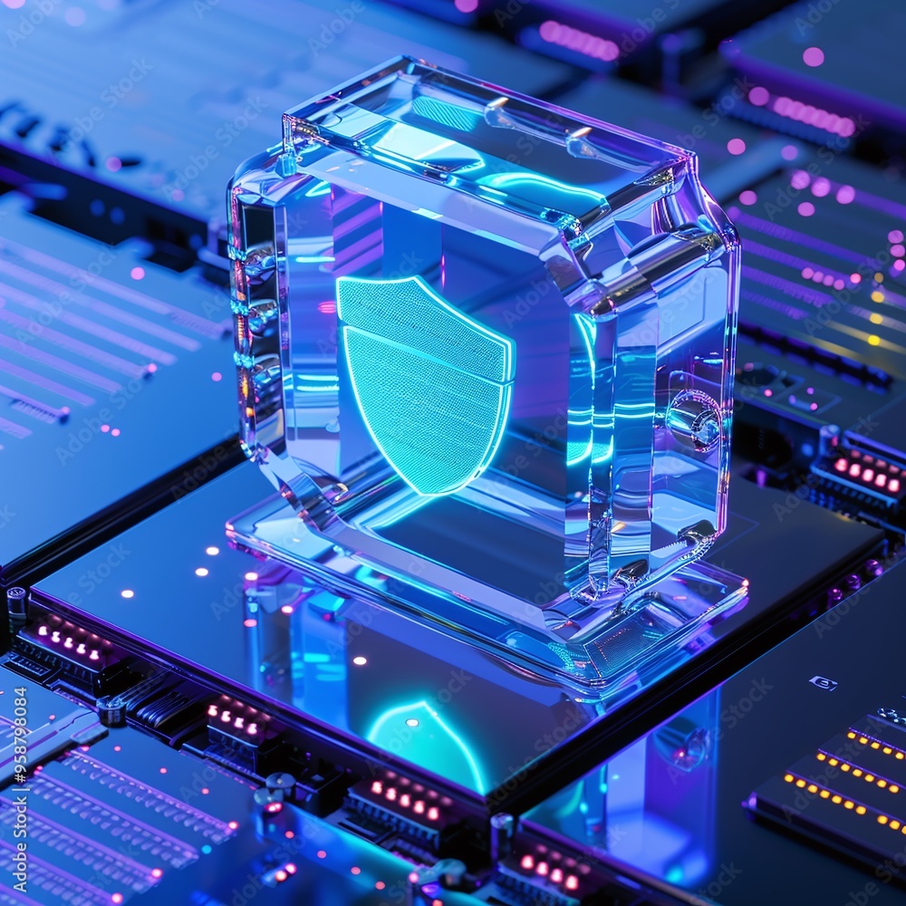 Poster futuristic cyber shield icon on a glowing circuit board, representing digital security and data prot