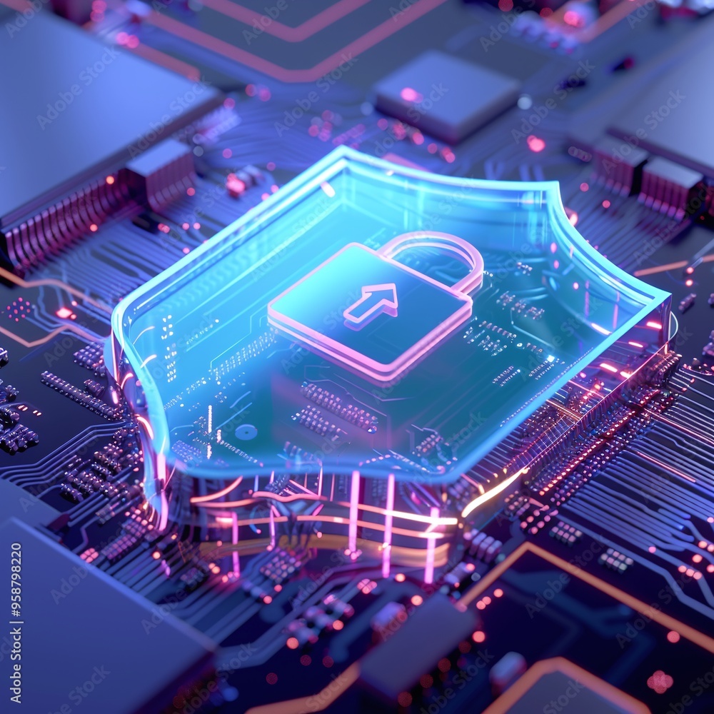 Poster futuristic cybersecurity concept with a digital shield and lock icon on a microchip circuit board, r