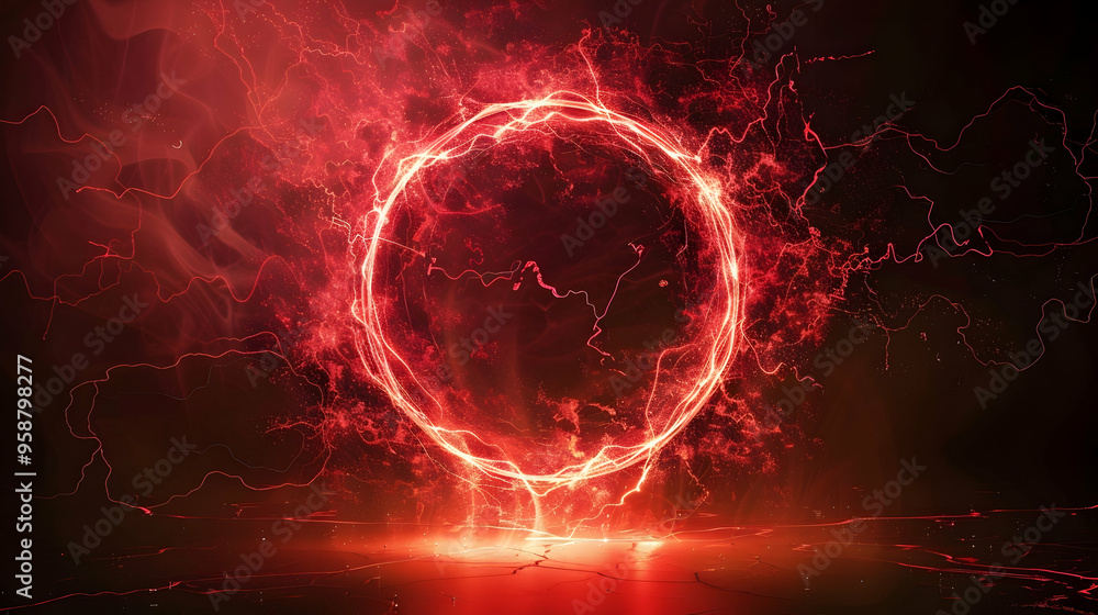 Poster red abstract circle plasma lightning particle effect, ring with swirling glow particles visual effec